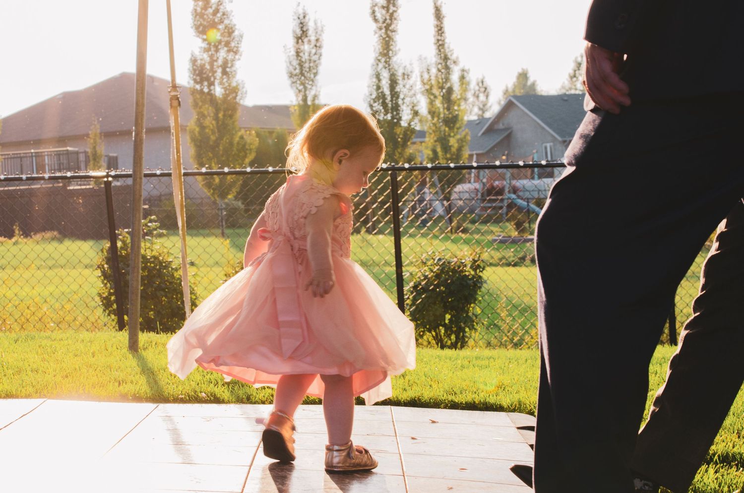 Toddler girl in pink tutu dress walking outdoors in golden sunlight near a fence.