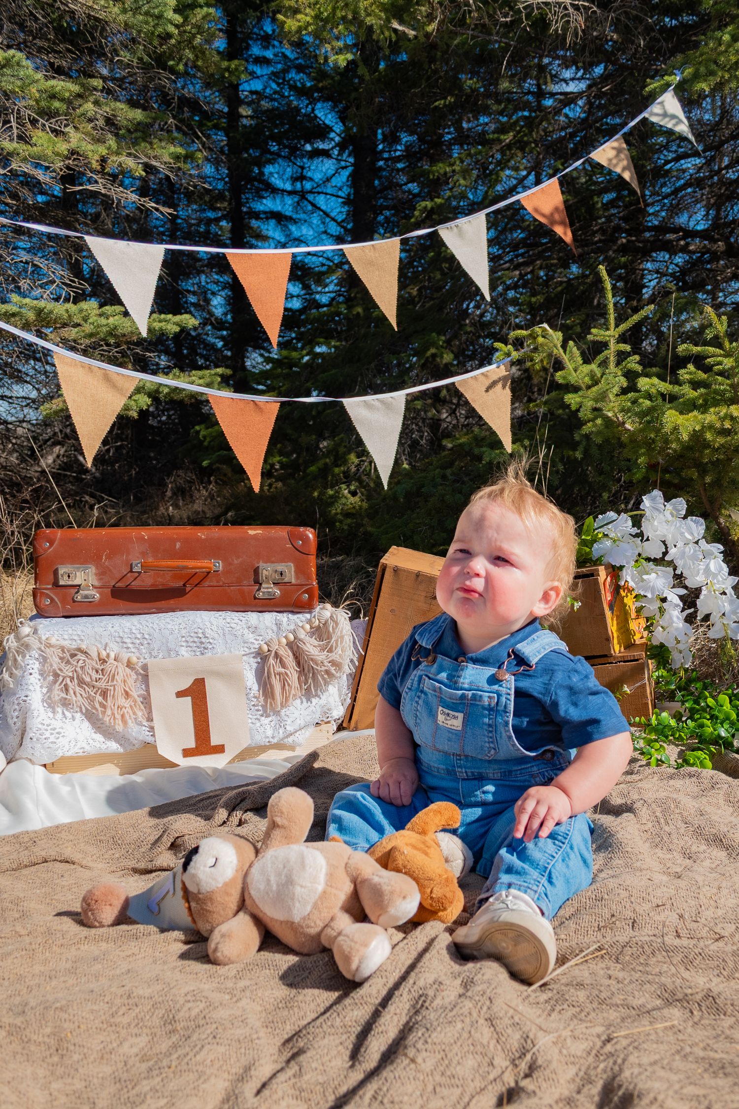 A baby in denim overalls sits outdoors at a first birthday party with bunting, vintage suitcases, and a teddy bear.