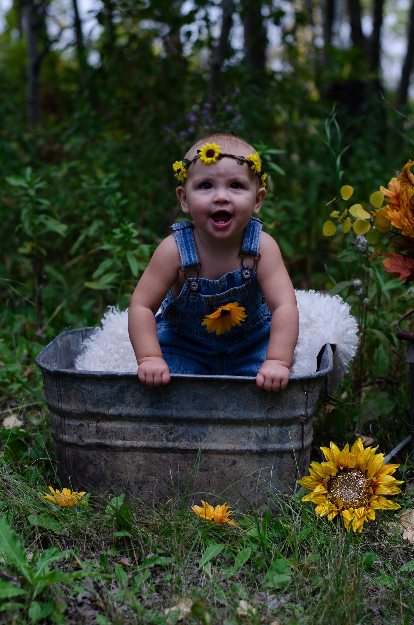 Happy baby in denim overalls and sunflower crown sits in vintage metal tub surrounded by sunflowers outdoors.