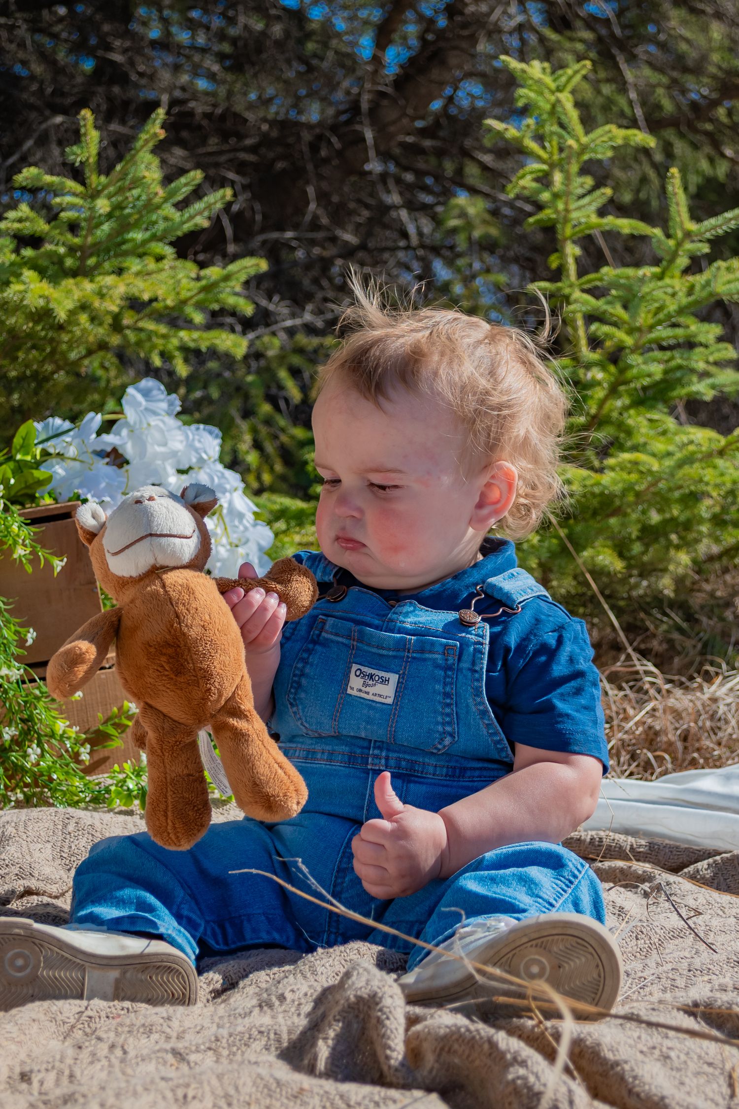 A baby in denim overalls sits outdoors holding a brown stuffed bear toy surrounded by green trees.
