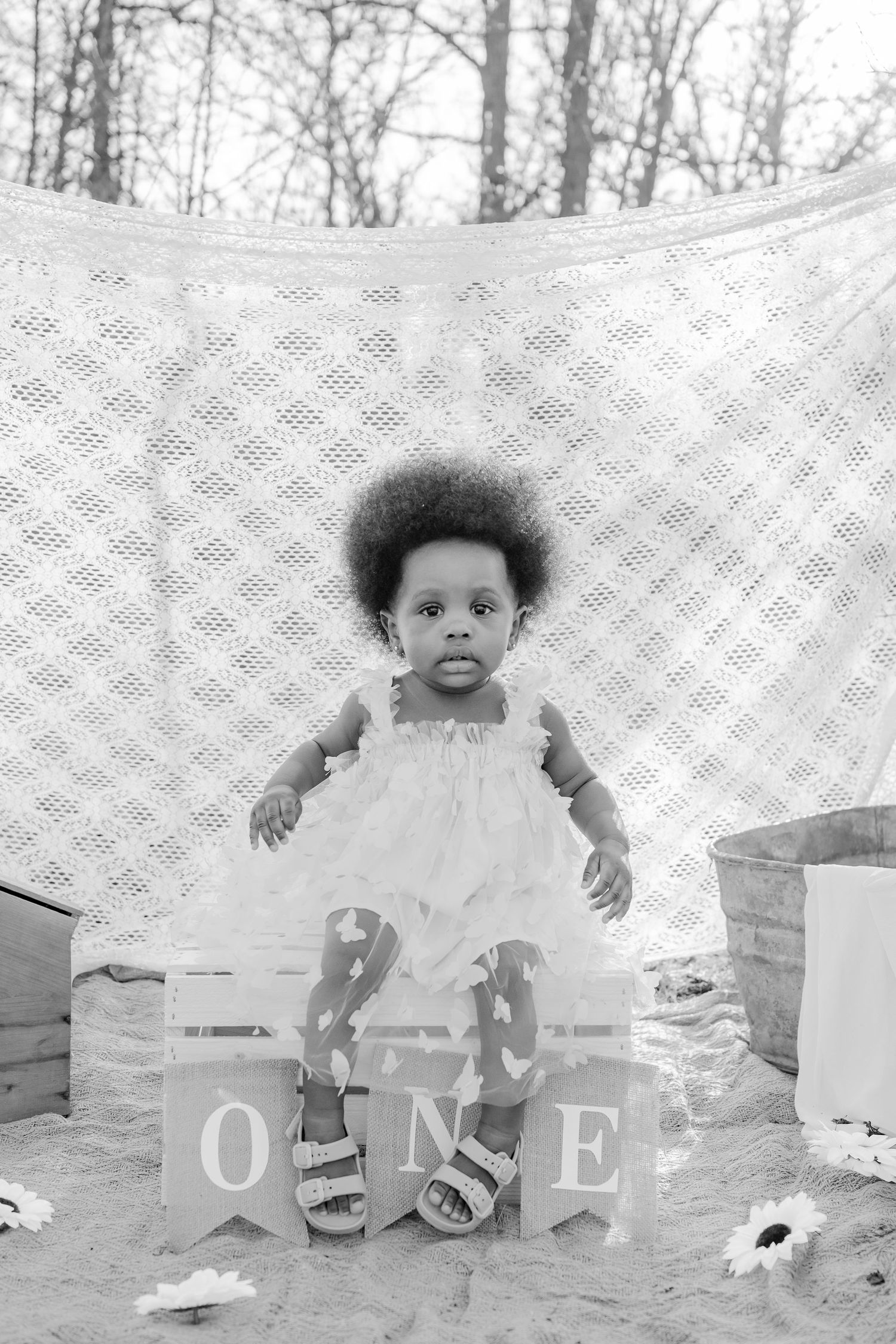 Black and white photo of a baby girl standing by wooden ONE blocks, wearing a dress, outdoors with lace backdrop.