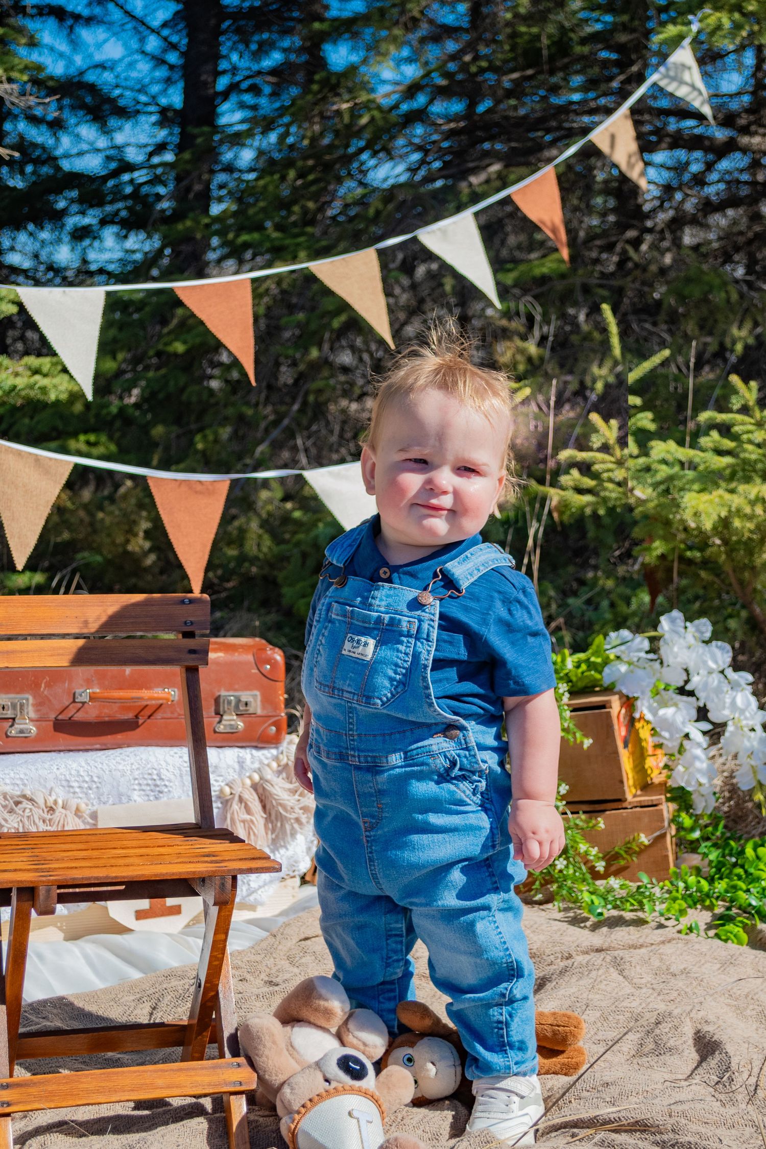 Toddler in denim overalls smiling outdoors with bunting flags, vintage suitcases, and a stuffed toy at a birthday setup.