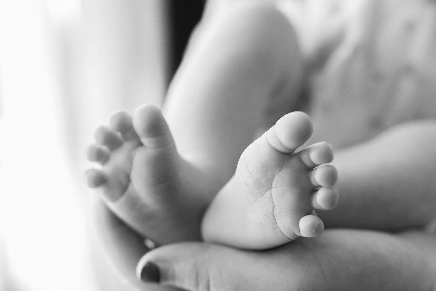 Black and white close-up of a newborn baby's tiny feet cradled gently in a mother's hands.