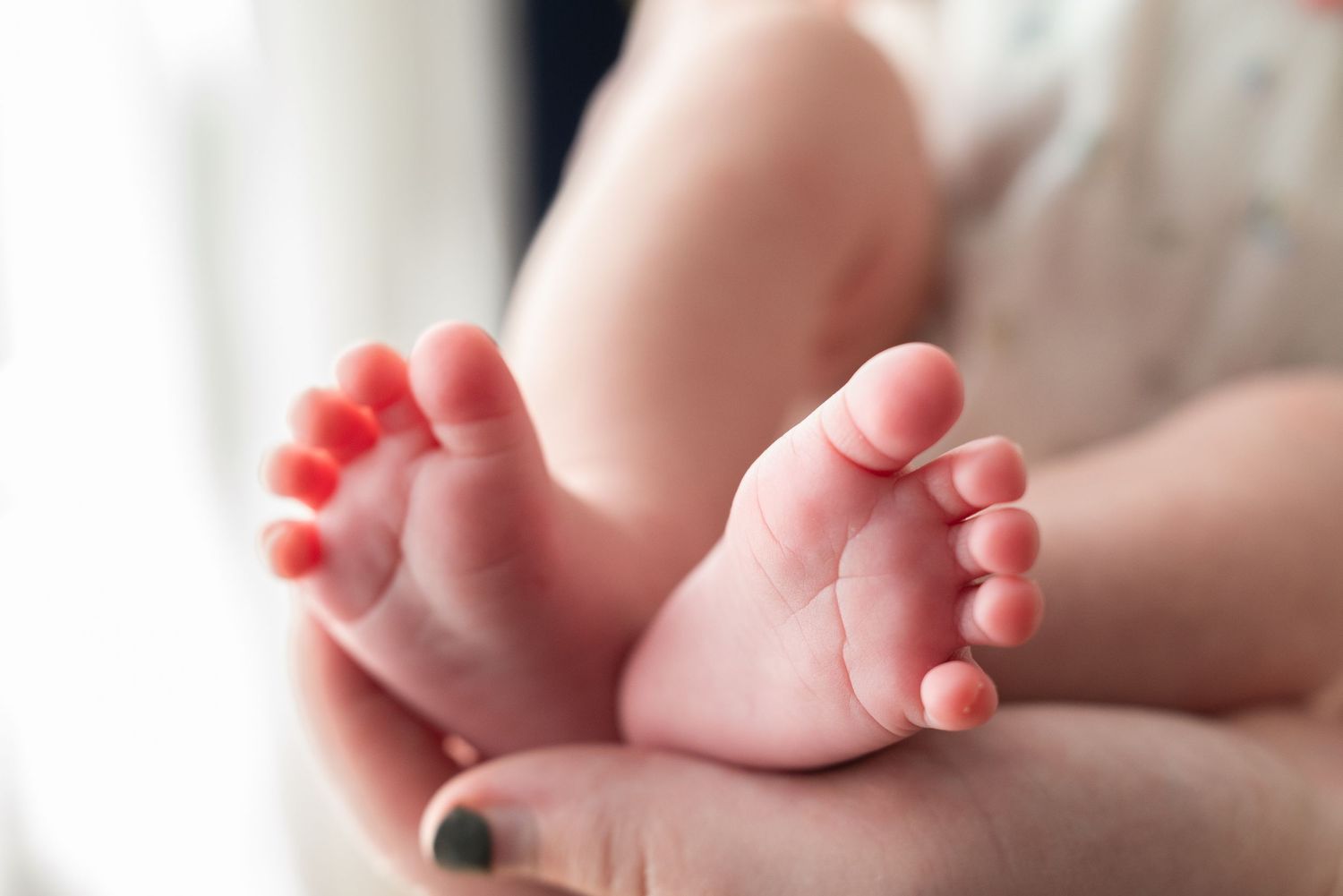 Close-up of a newborn baby's tiny feet cradled gently in a parent's hands.