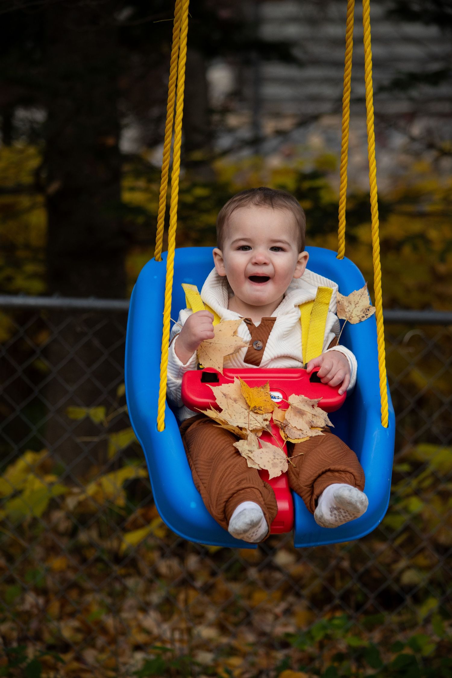Happy baby sitting in a blue toddler swing covered in autumn leaves, smiling outdoors in fall.