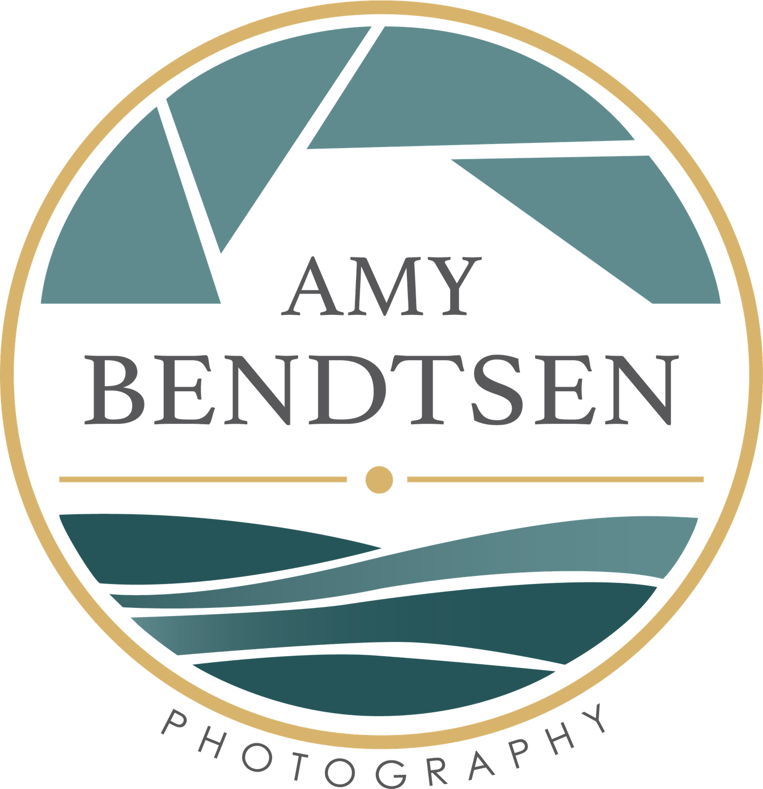 Amy Bendtsen Photography circular logo with teal geometric camera aperture design and gold border.