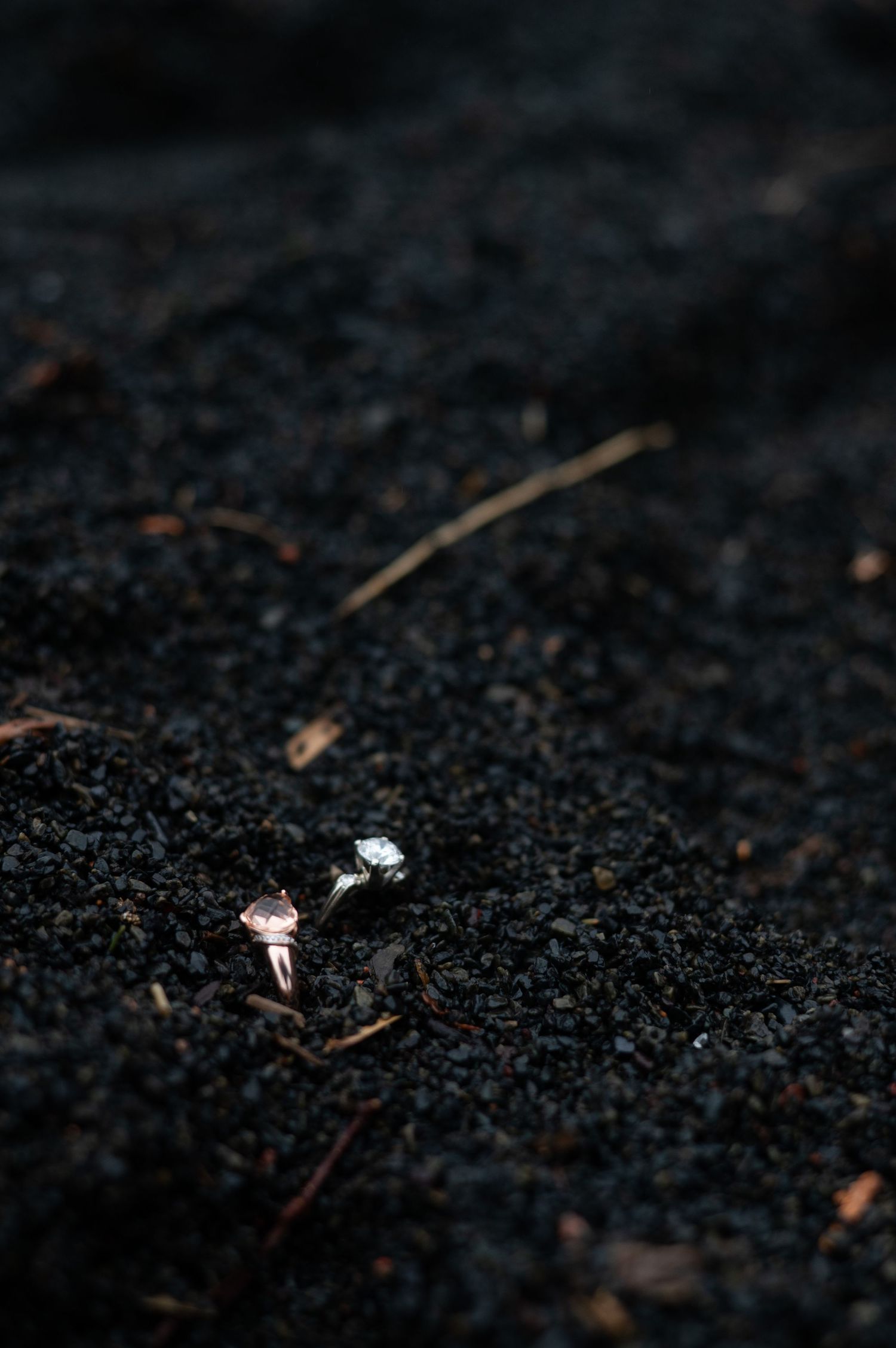 Two delicate gemstone rings resting in dark soil, one pink and one clear diamond, captured in moody natural light.