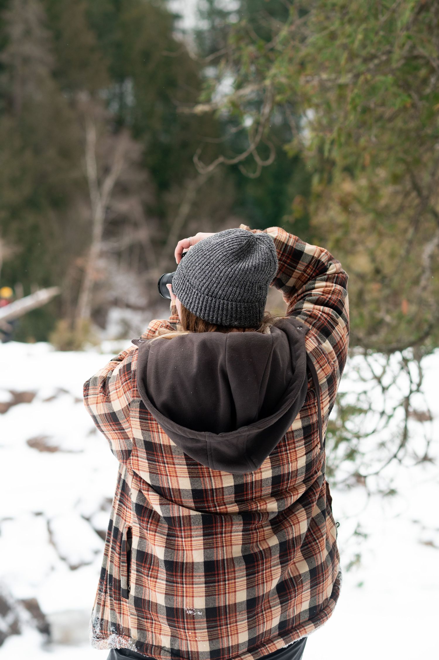 Person in plaid flannel shirt and gray beanie photographing snowy winter forest landscape from behind.
