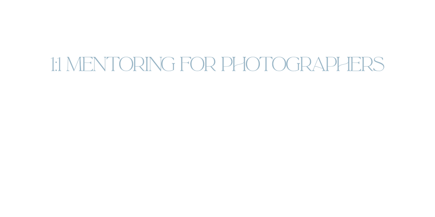 1:1 mentoring for photographers text logo displayed in light blue elegant typography on white background.
