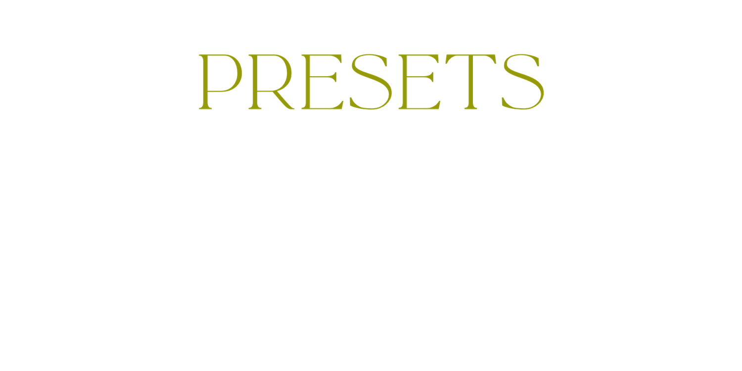 Elegant olive green PRESETS text typography on a clean white background for photography editing.
