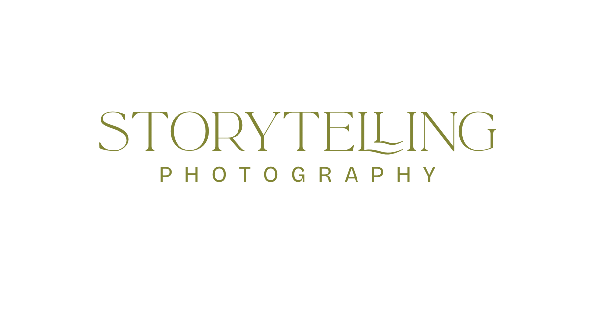 Storytelling Photography logo in olive green text on white background, featuring elegant serif and sans-serif typography.