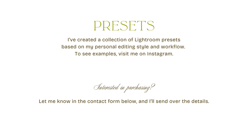 Lightroom presets collection page offering personalized editing styles and workflow presets available for purchase via contact form.