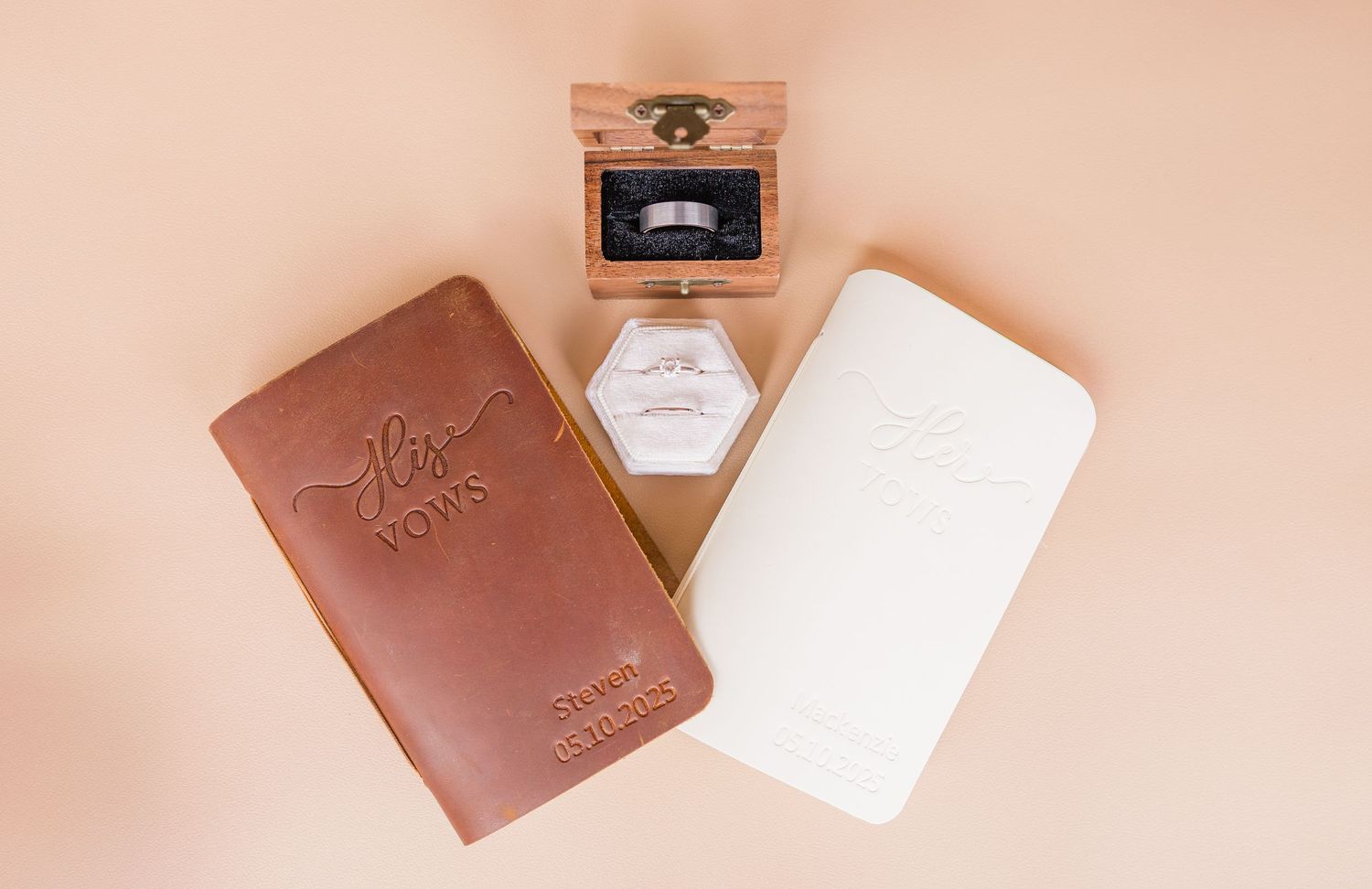 Wedding planning flatlay with rings wedding groom bride wilmington North Carolina