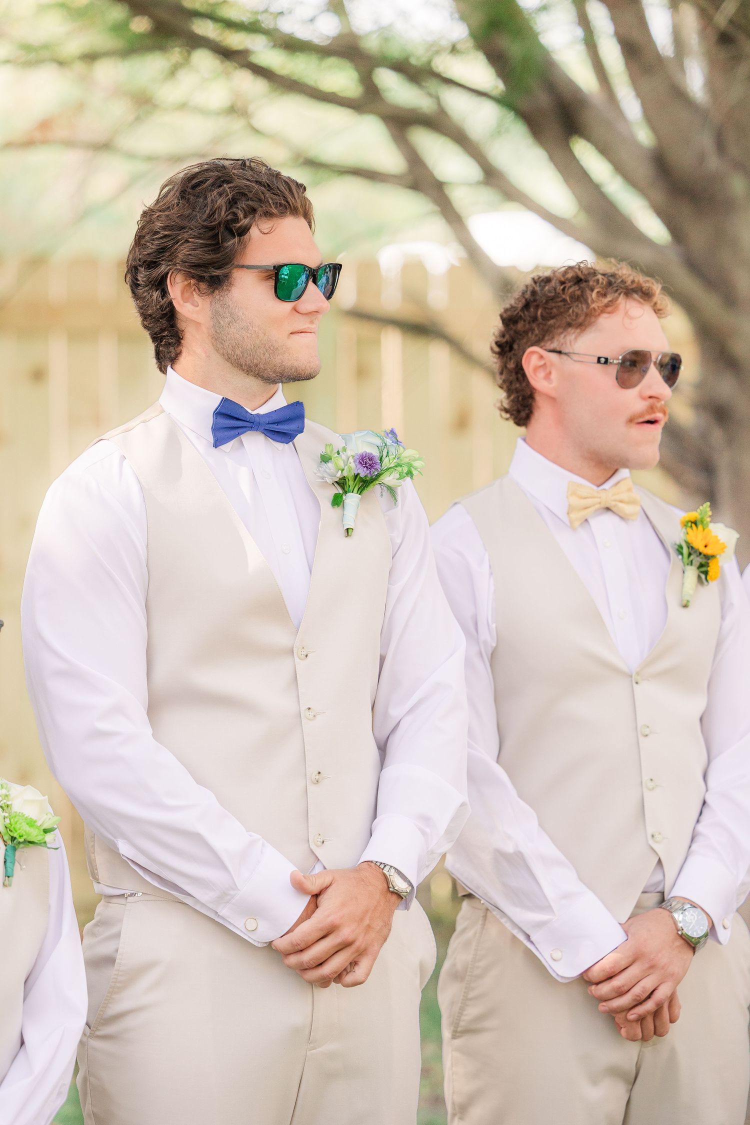 Groomsmen in beige vests and colorful bowties wedding groom bride wilmington photographer light and airy classic Wrightsville Beach