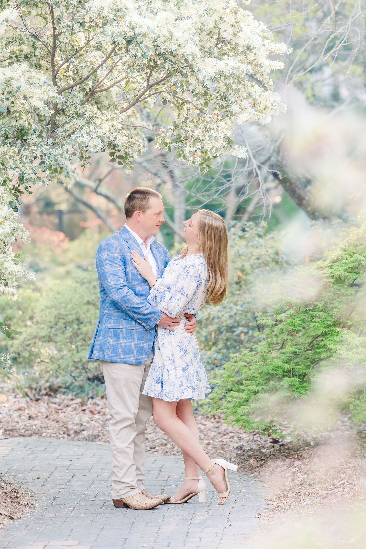A romantic spring engagement session captured on a garden path with soft white blossoms in the background.