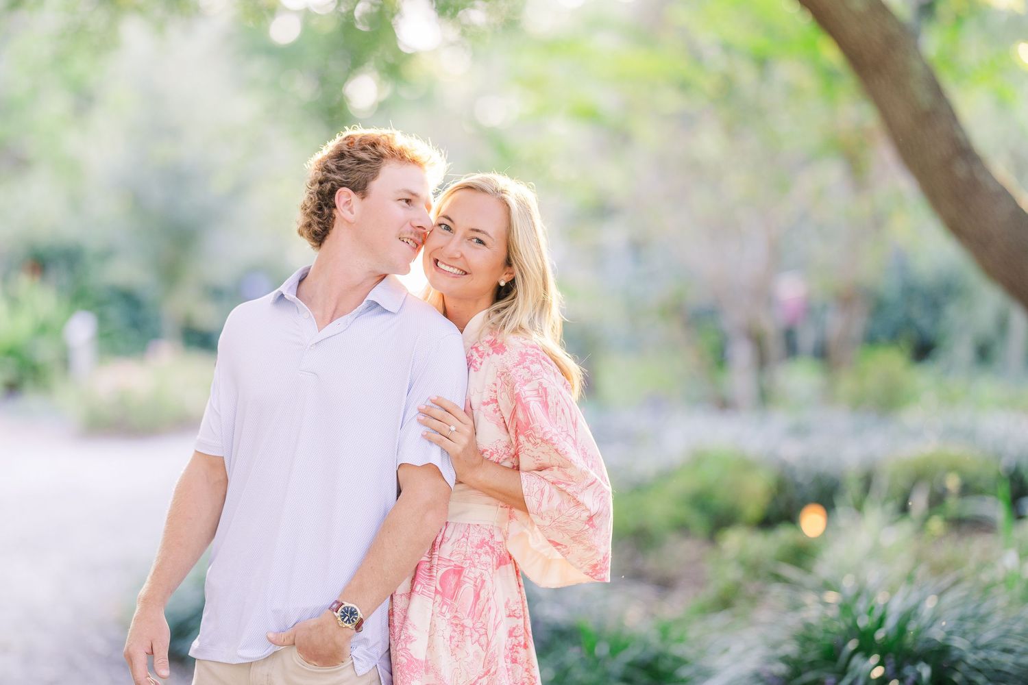 Romantic garden photoshoot with soft lighting and natural backdrop.