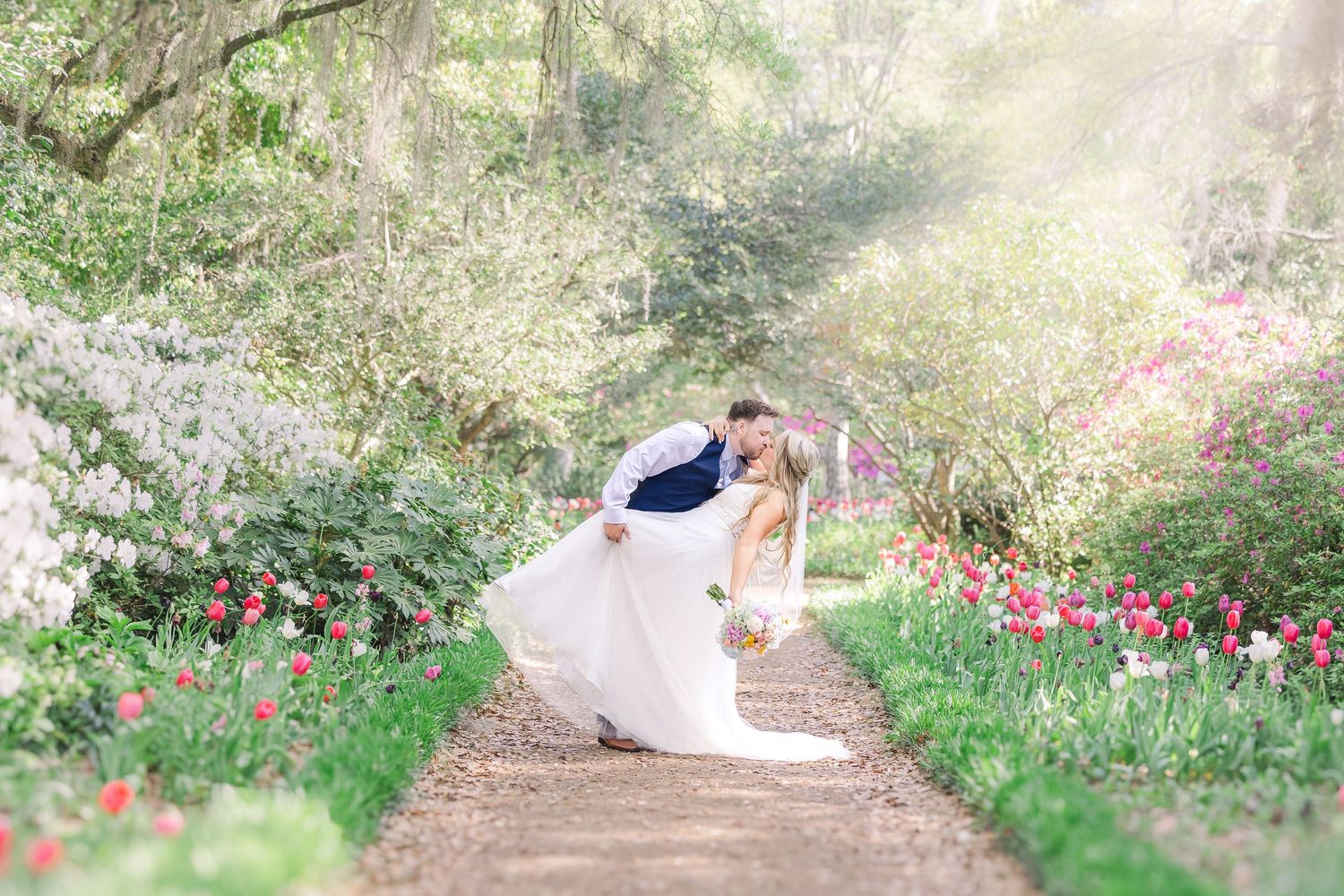 Groom dips bride on sunlit garden path surrounded by colorful spring blooms in Airlie Gardens in Wilmington, NC
