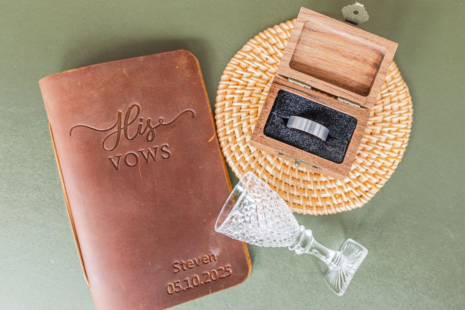 Wedding invitation suite with wooden ring box on white background wedding groom bride wilmington North Carolina photographer light and airy