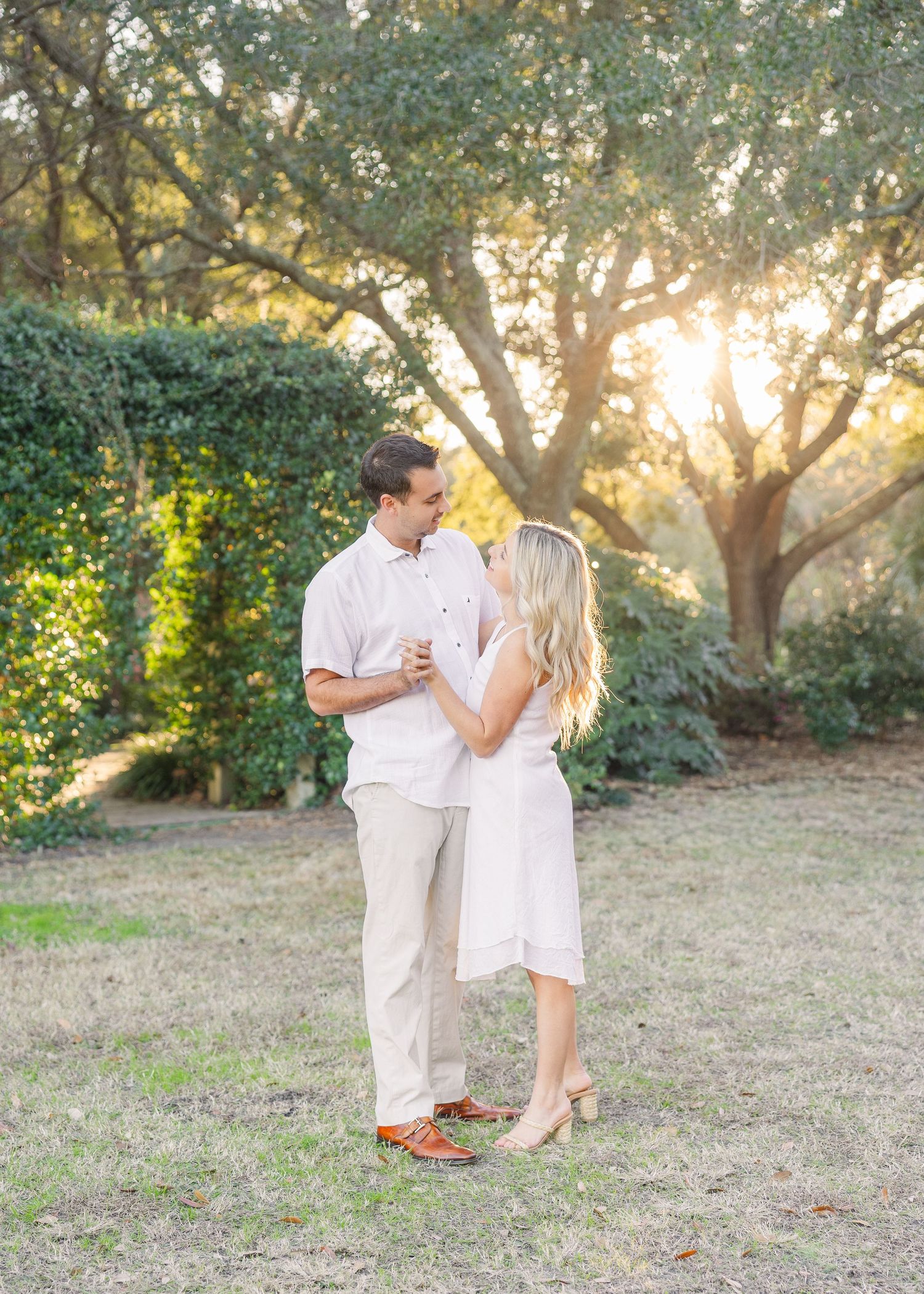 A series of romantic dance poses captured in a garden setting during golden hour.
