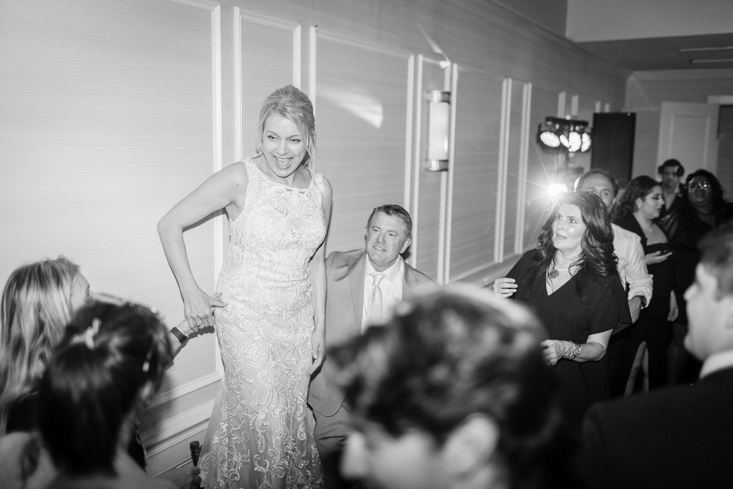 Black and white panoramic shots of wedding reception  landfall wedding bride groom light and airy classic wilmington Wrightsville Beach