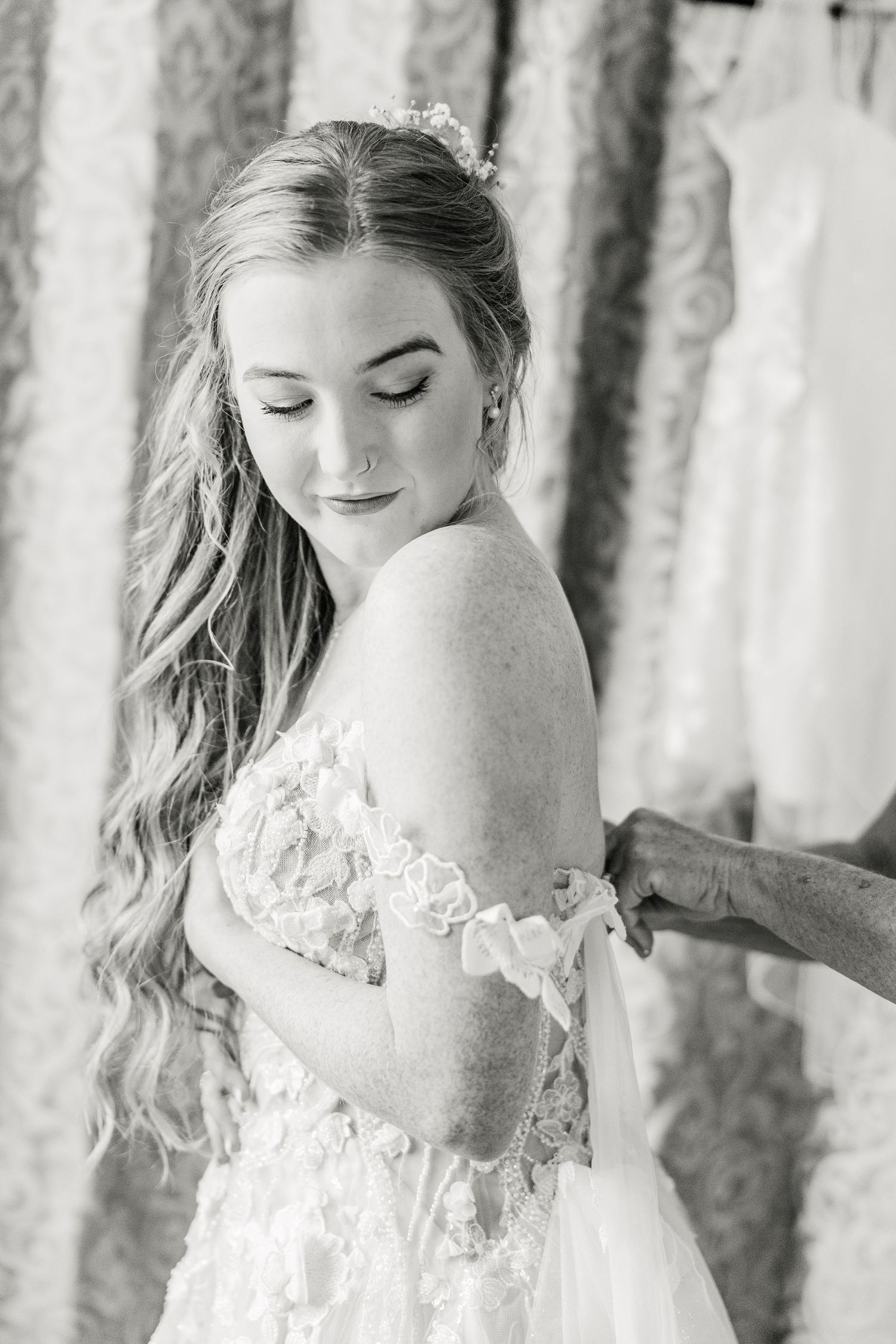Black and white portrait of a bride getting fitted in an elegant lace wedding gown in a backyard wedding in wilmington, nc