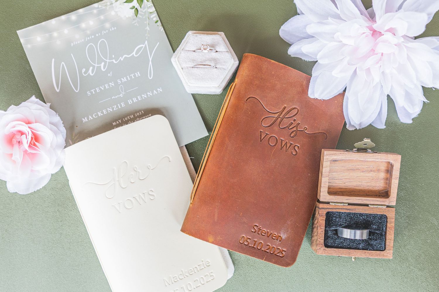 Brown leather vow book and wooden ring box wedding groom bride wilmington North Carolina photographer light and airy