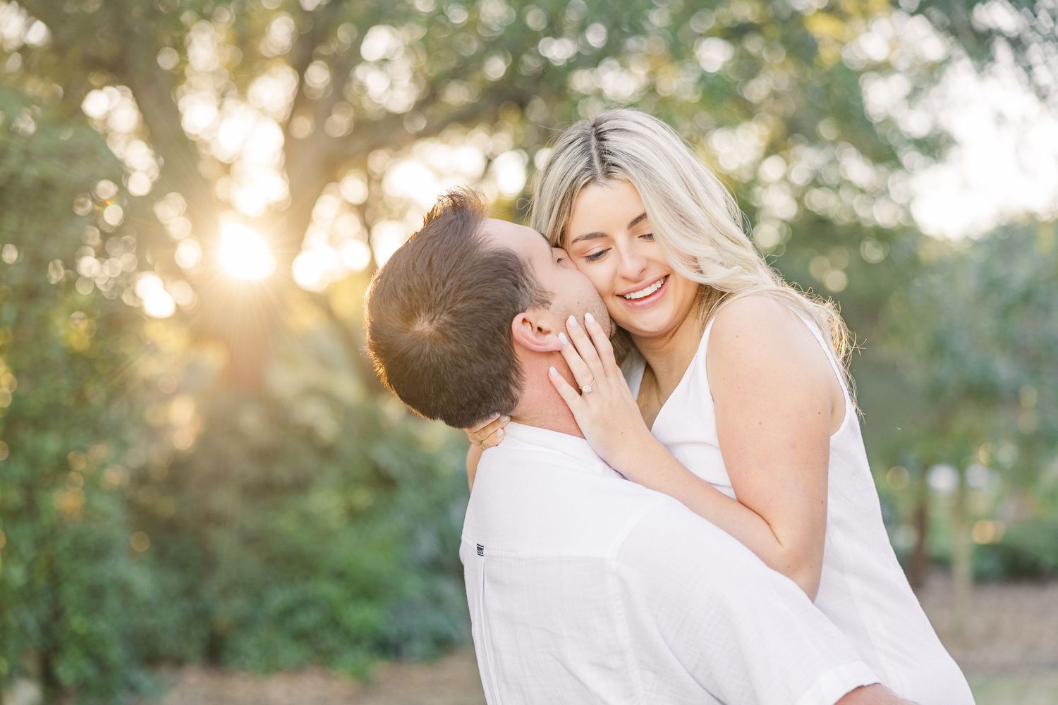A series of romantic embraces captured in warm evening light outdoors.