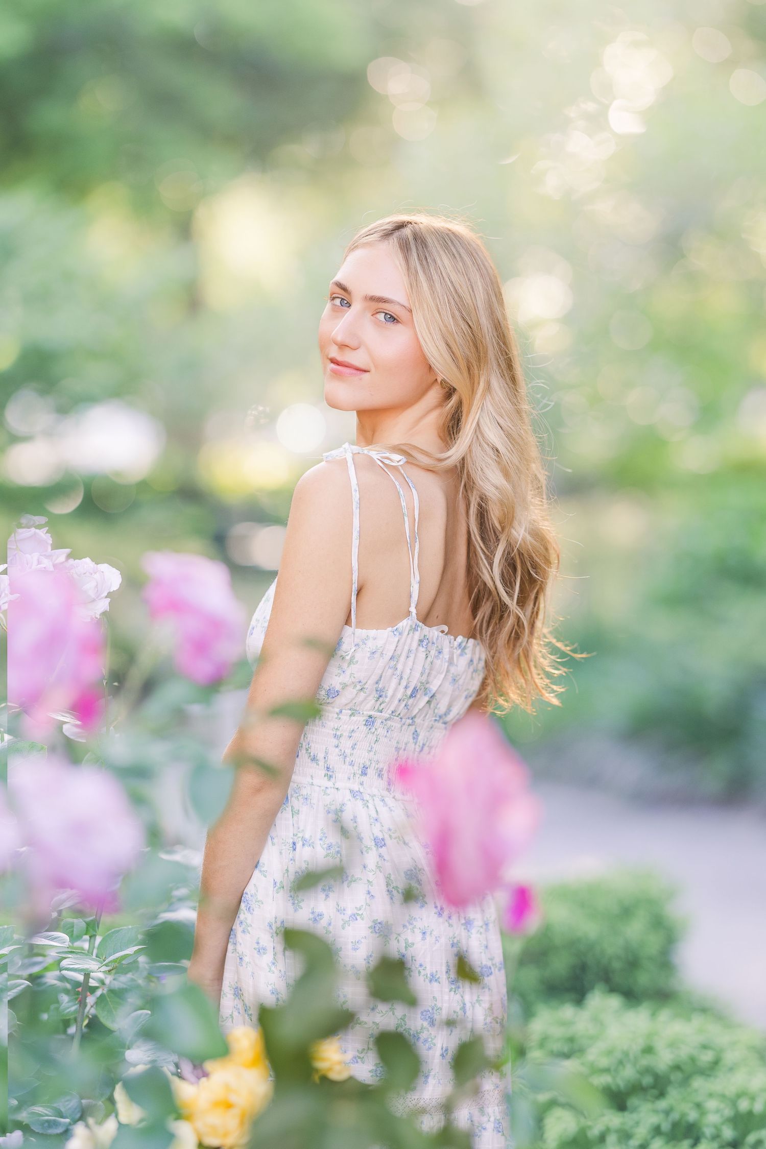 Dreamy garden setting with pink and purple flowers in soft focus.