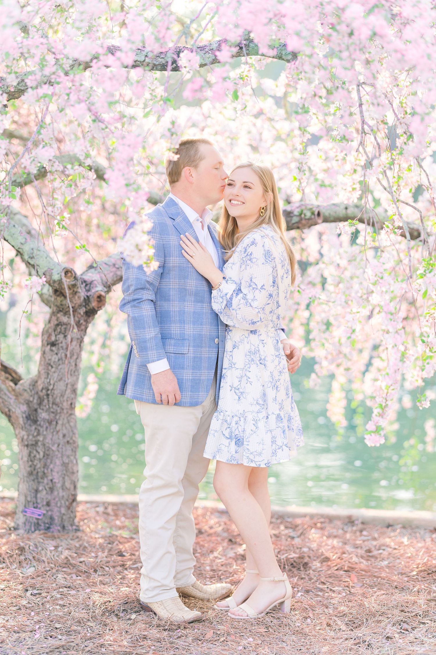 A romantic spring photo session under blooming cherry blossom trees with soft pink petals creating a dreamy atmosphere.