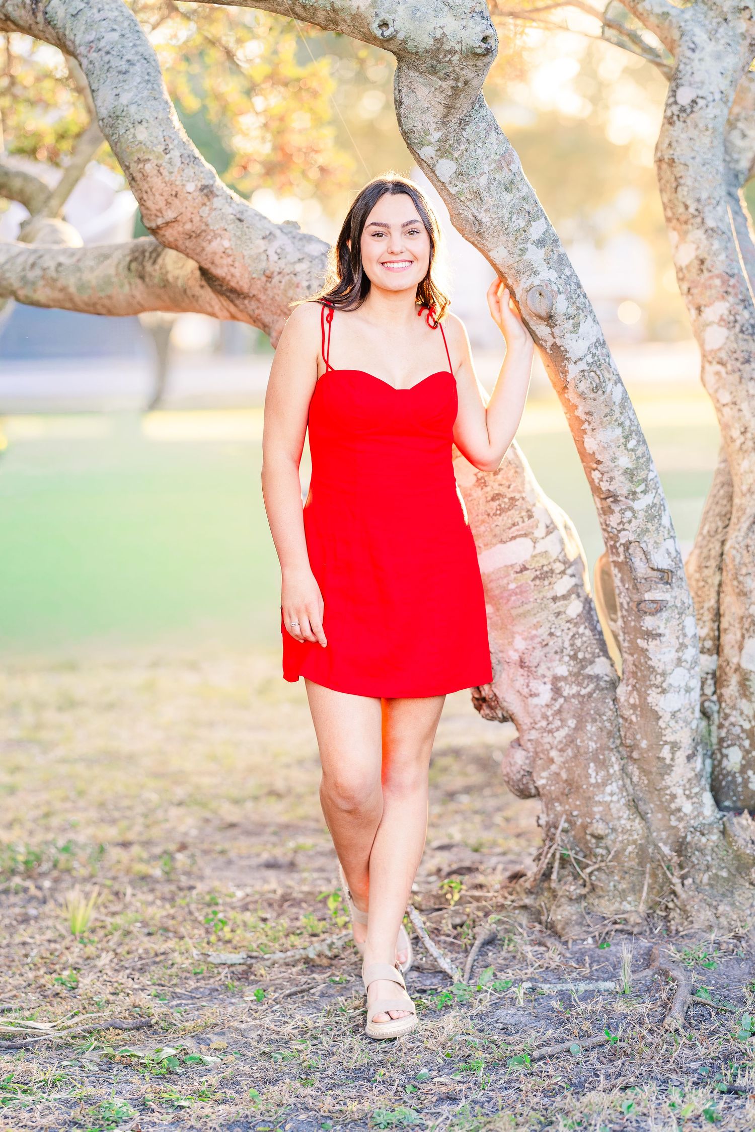 A red sundress stands out against a natural backdrop of twisted tree trunks in warm evening light.