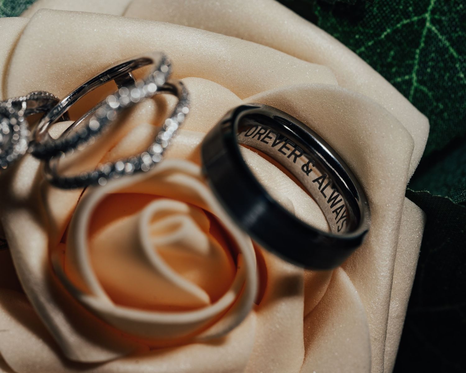Wedding rings resting on a cream-colored cushion with green foliage in the background.