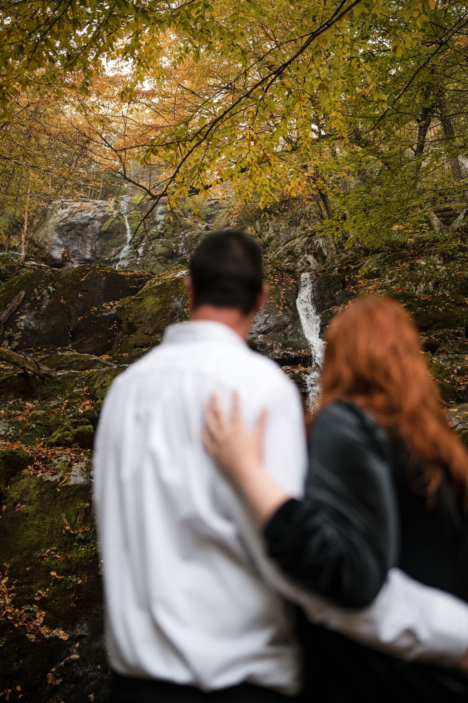 Couple walking together along a forest path surrounded by golden autumn leaves.