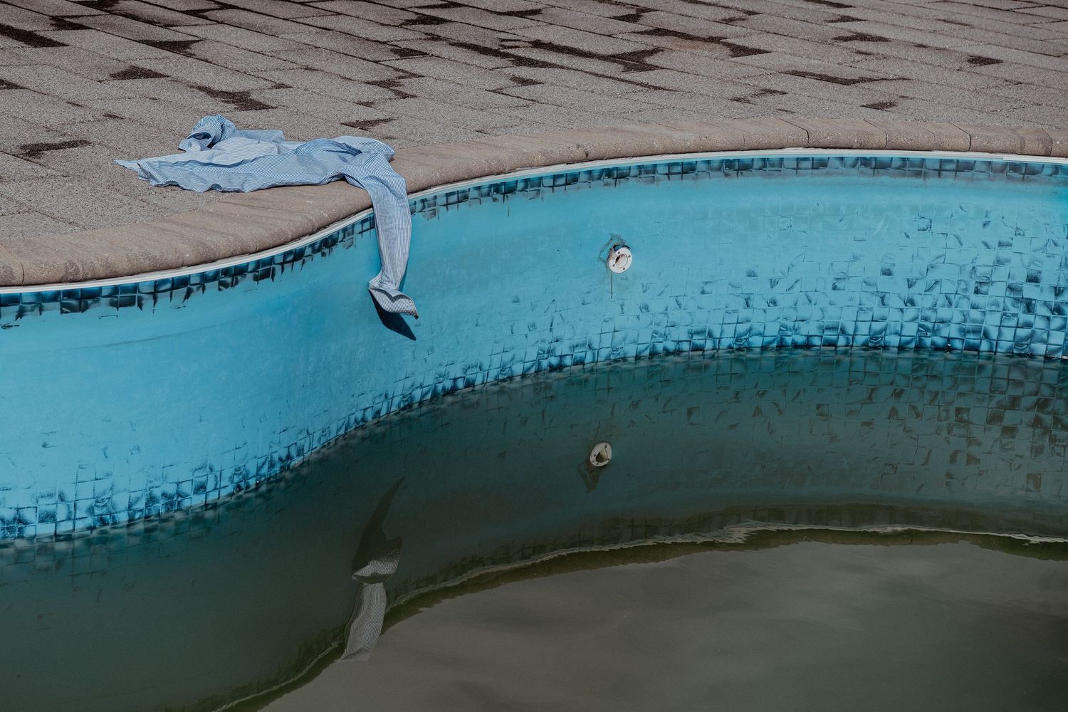 Empty swimming pool edge showing blue tile and concrete border.