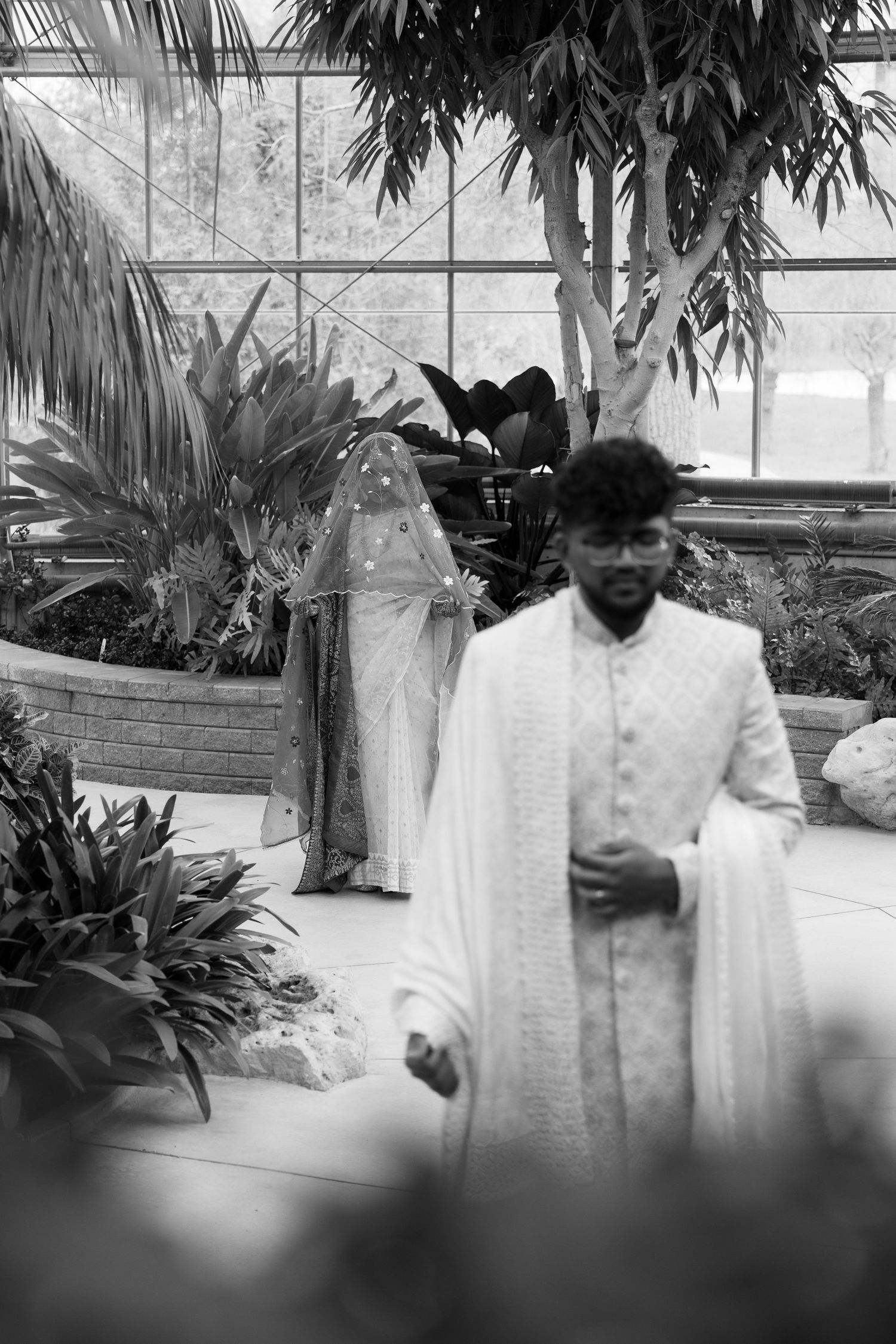Black and white photo of formal attire in a tropical greenhouse setting.