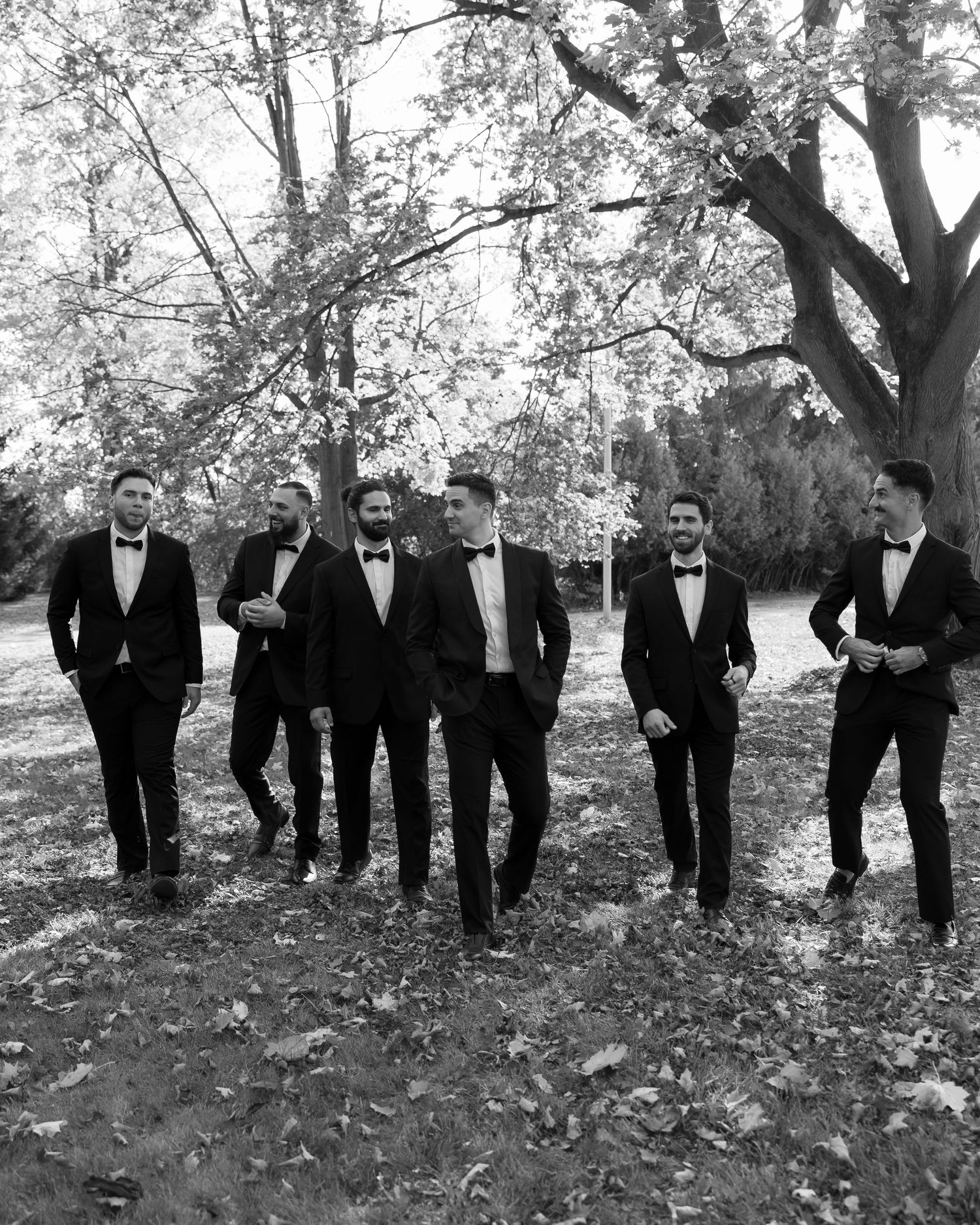 Groomsmen in black tuxedos pose playfully in a line on an autumn hillside.
