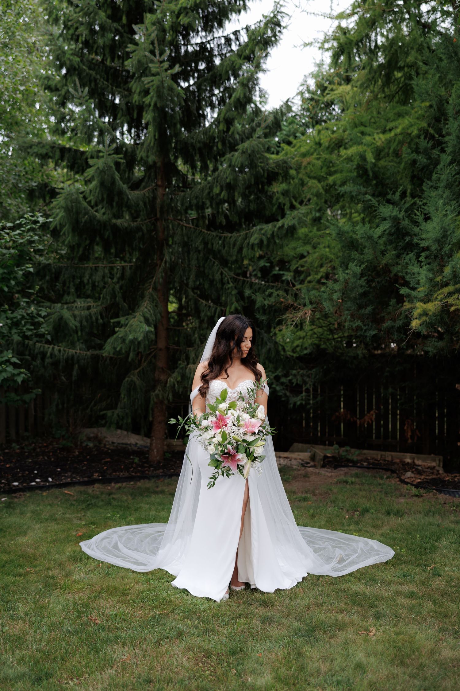 Wedding dress with long train spread beautifully across green lawn surrounded by evergreen trees.