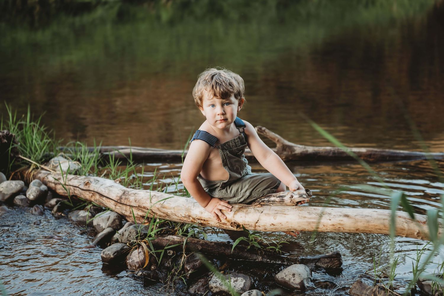 A Walla Walla family photographer captures a three year old boy sitting on a log in a creek.
