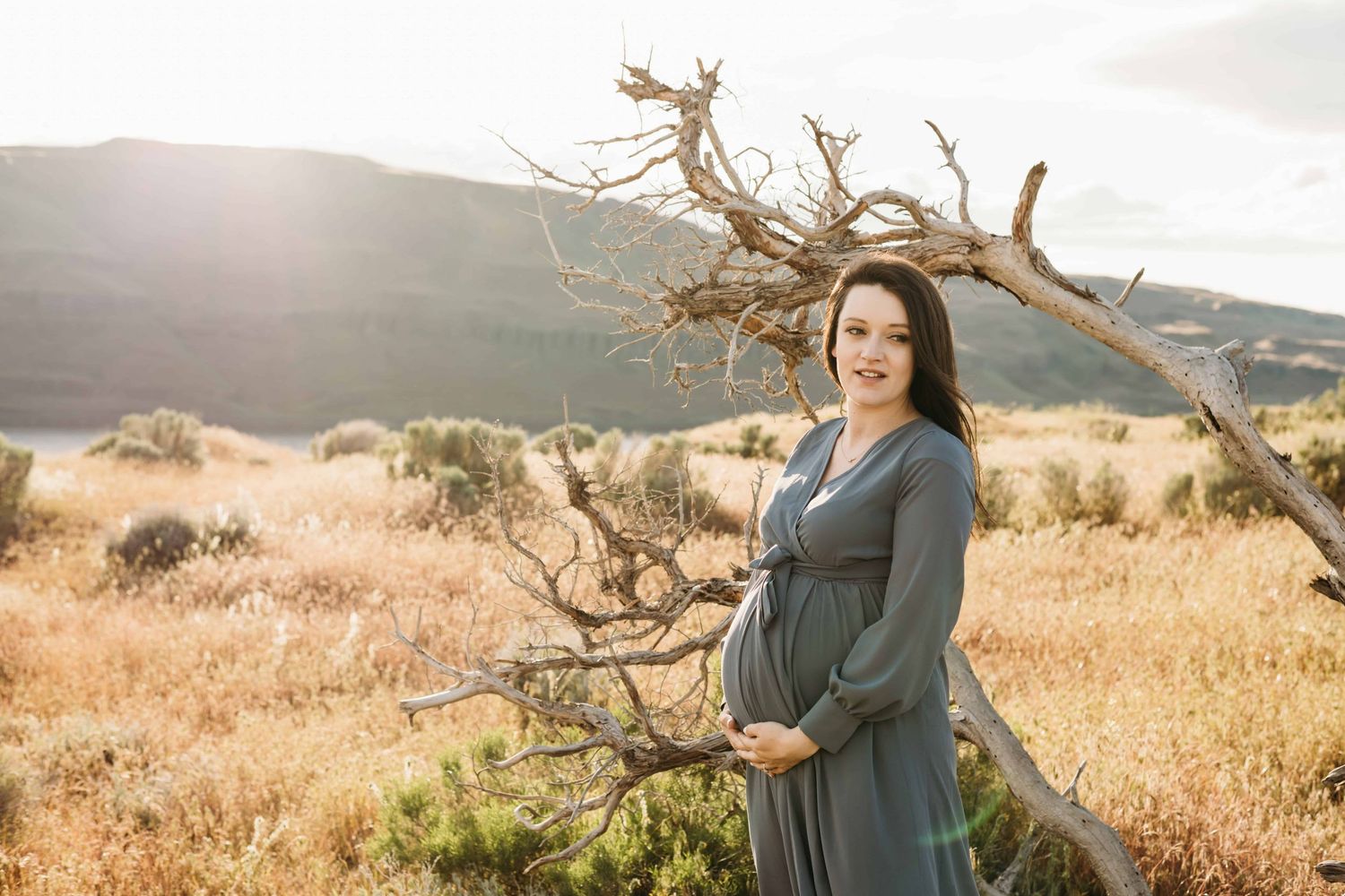 A portrait of a pregnant woman with soft golden hour lighting.