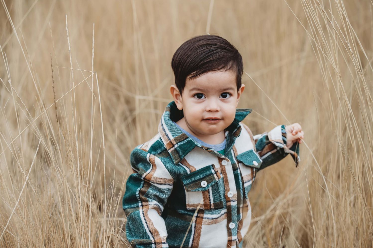 A boy with black hair and a plaid flannel walking in a field of dry grasses in Walla Walla.