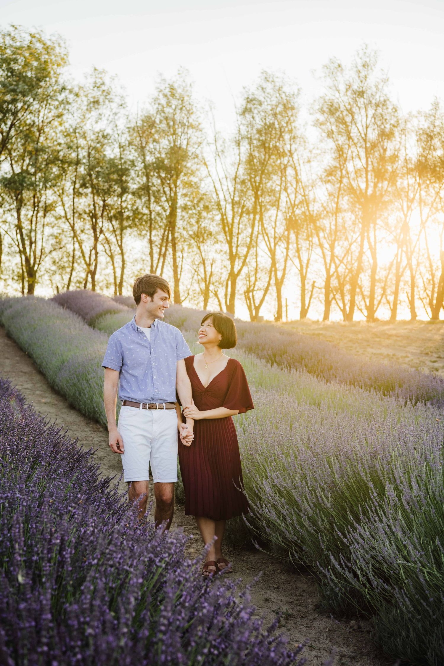 A couple walking through a lavender farm holding hands.