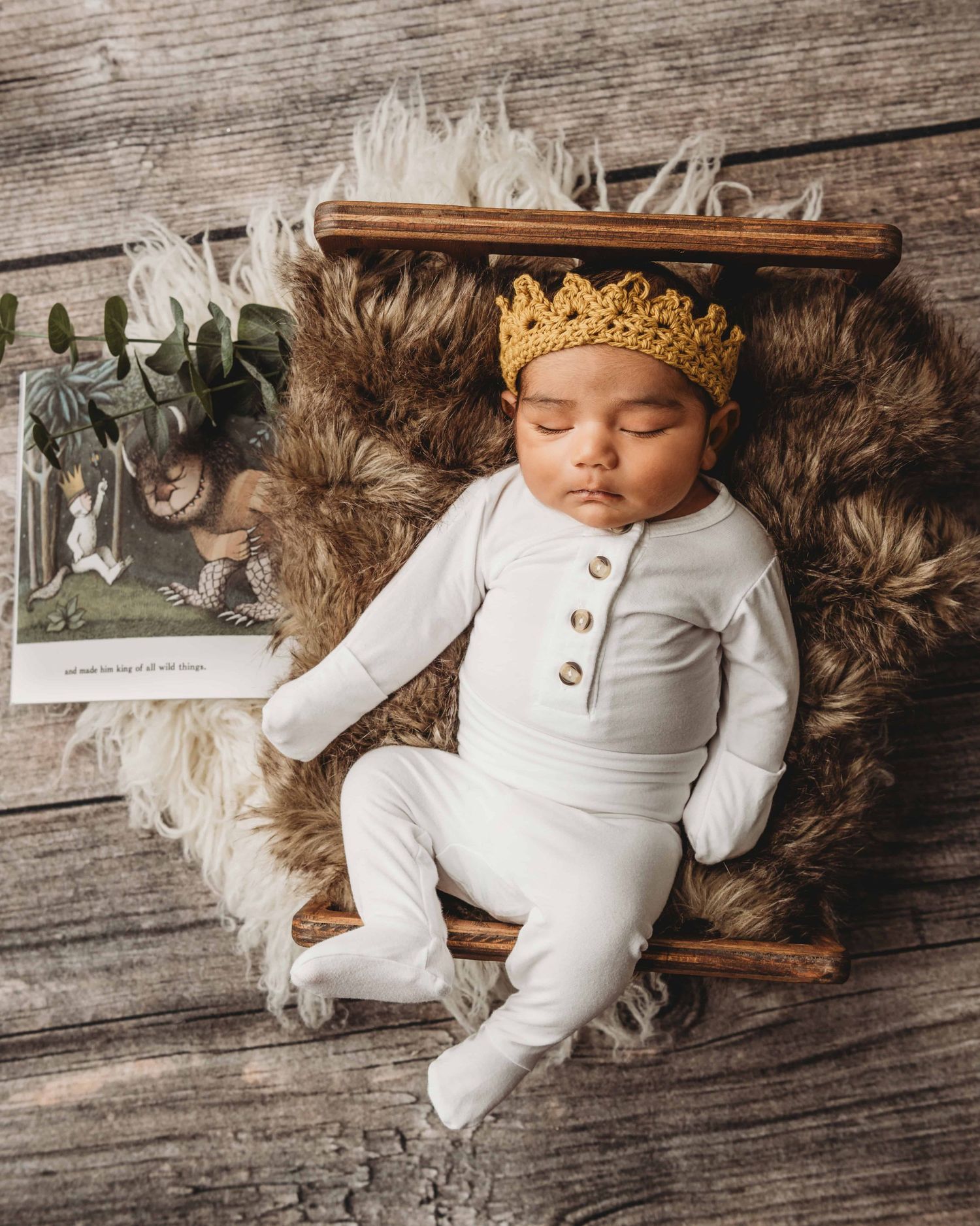 A newborn sleeping on a wooden bed during a Where The Wild Things Are themed newborn photoshoot.