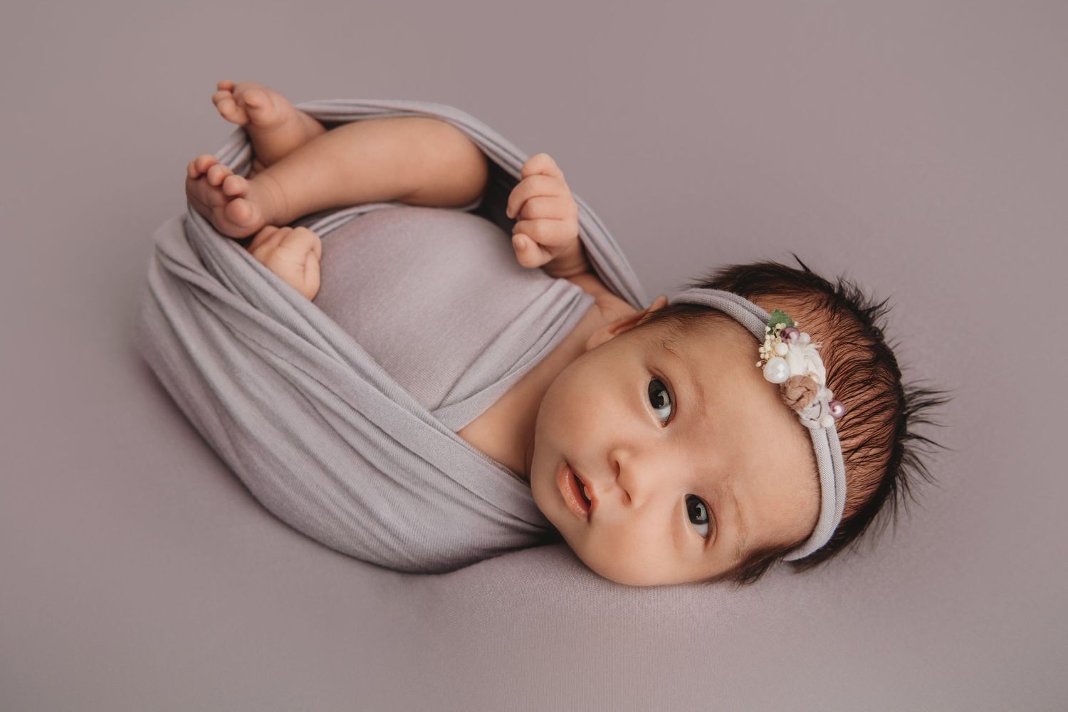Studio newborn portrait of a baby wrapped in a soft purple blanket during a newborn photography session.