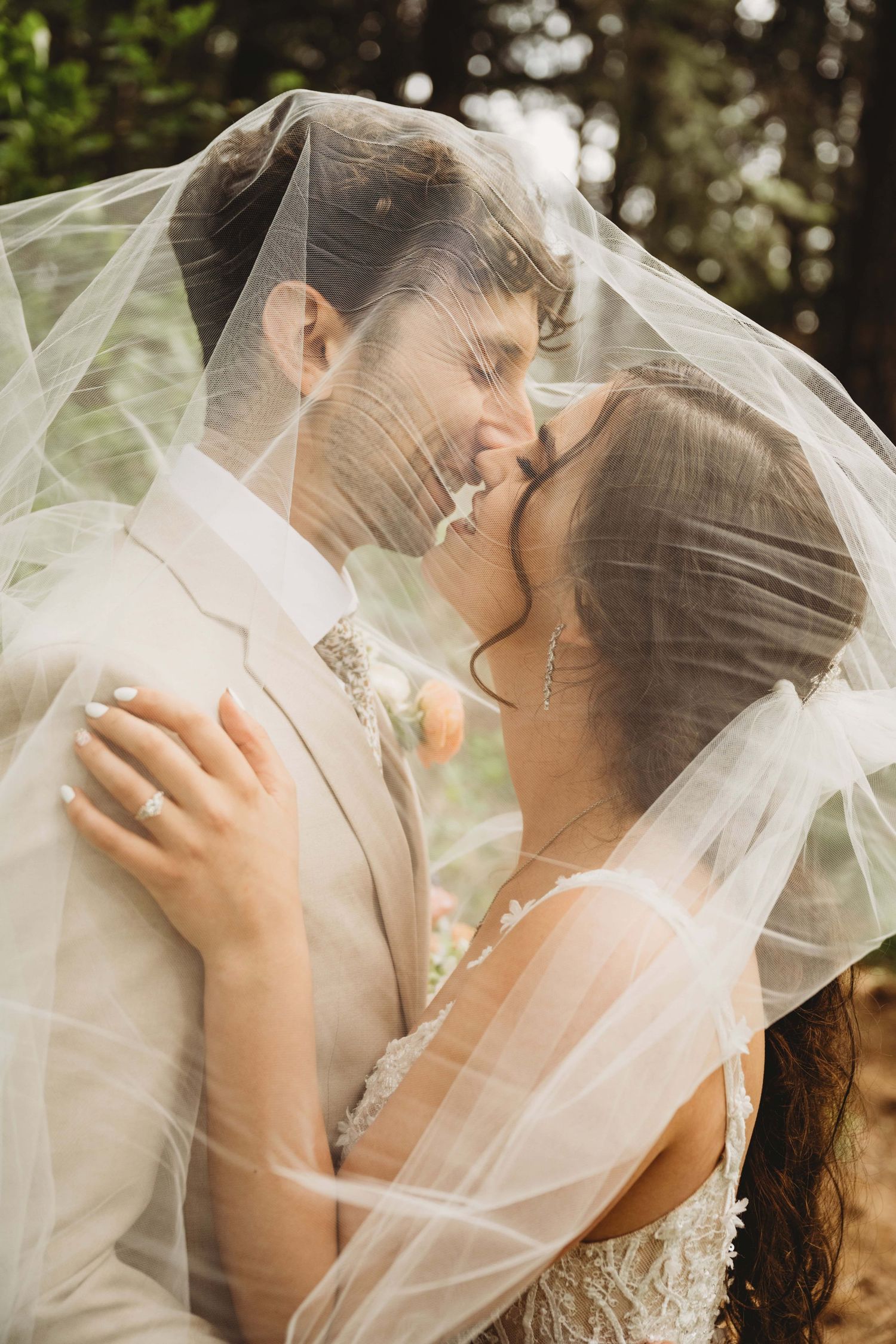 Bride and groom kissing beneath the bride's veil during their Tri-Cities wedding
