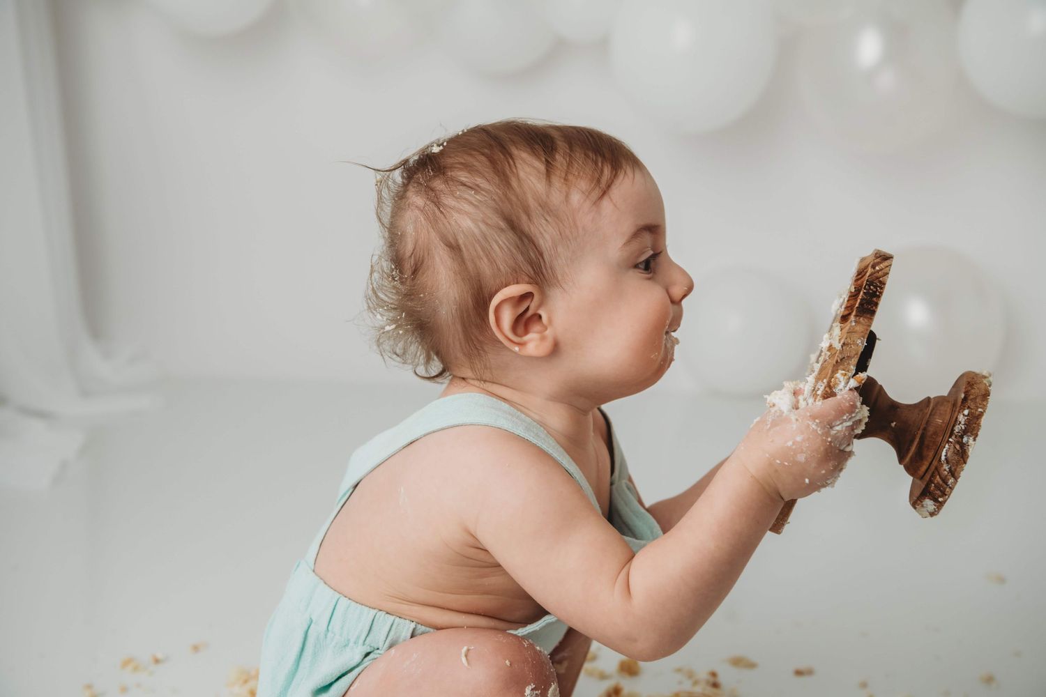 A one year old boy looks at his empty cake stand after smashing all of his cake at a Walla Walla portrait studio.