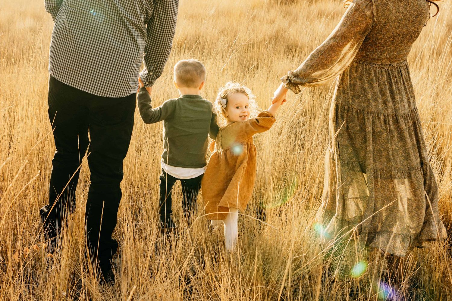 Two toddlers holding their parents hands as they walk through a field during golden hour.