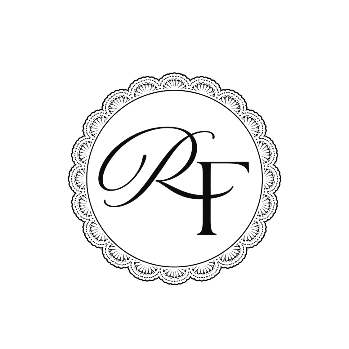 Elegant circular monogram logo with RF initials in black and white lace-like border design.