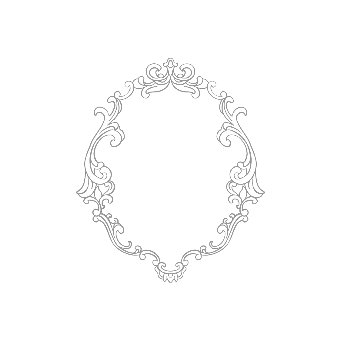 Elegant swirl pattern frame with ornate details in light gray.