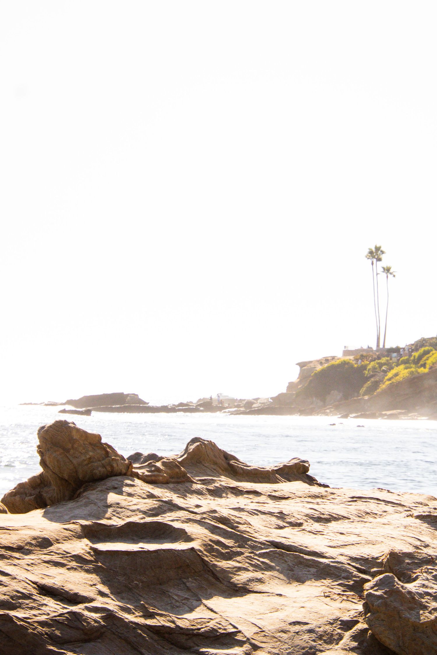 Rocky coastal shoreline with waves crashing against boulders during golden hour.
