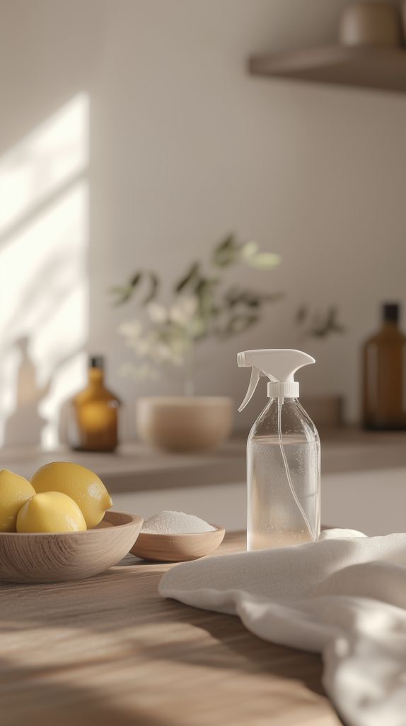 Sunlit kitchen counter with citrus fruits, spray bottle, and wooden bowls in minimalist style. Kangaroo Island Haus Home KI Cleaning