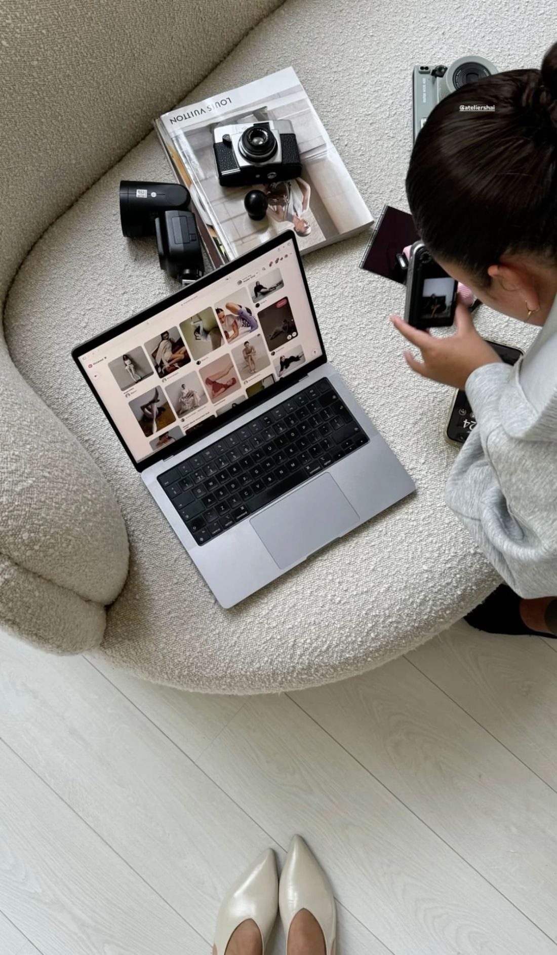 Top-down view of someone working on a laptop while sitting on a white carpet with multiple similar angles shown. Kangaroo Island Haus Home